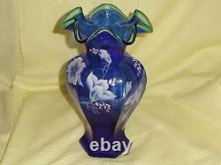 Fenton 1998 Cobalt Blue 75th Anniversary Hexagonal Vase Hand Painted Green Crest