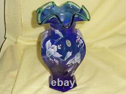 Fenton 1998 Cobalt Blue 75th Anniversary Hexagonal Vase Hand Painted Green Crest