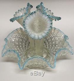 Fenton 3-Horn Epergne Diamond Lace Aqua Blue Crest French Opalescent Large