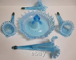 Fenton 4 Horn Epergne Blue Opalescent Vintage 1930s PLEASE READ