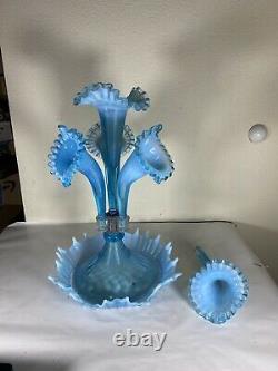 Fenton 4 Horn Epergne Blue Opalescent made for L G Wright antique 1930's