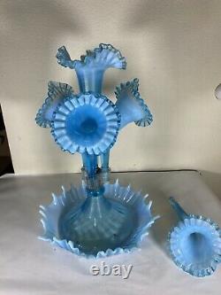 Fenton 4 Horn Epergne Blue Opalescent made for L G Wright antique 1930's