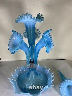 Fenton 4 Horn Epergne Blue Opalescent made for L G Wright antique 1930's