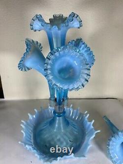 Fenton 4 Horn Epergne Blue Opalescent made for L G Wright antique 1930's