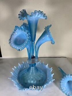 Fenton 4 Horn Epergne Blue Opalescent made for L G Wright antique 1930's