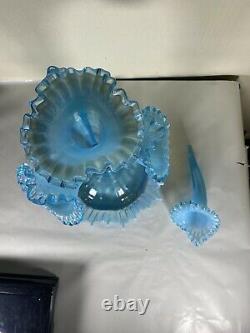 Fenton 4 Horn Epergne Blue Opalescent made for L G Wright antique 1930's