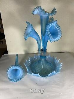 Fenton 4 Horn Epergne Blue Opalescent made for L G Wright antique 1930's