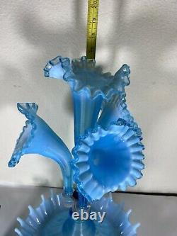 Fenton 4 Horn Epergne Blue Opalescent made for L G Wright antique 1930's