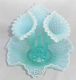 Fenton 4-Piece Epergnette Epergne Vase Set Diamond Lace Blue (Opalescent) EUC