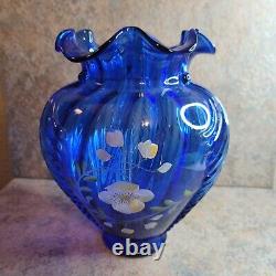 Fenton #401-Art Glass Cobalt Blue HAND PAINTED FEATHERVASE Signed
