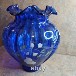 Fenton #401-Art Glass Cobalt Blue HAND PAINTED FEATHERVASE Signed