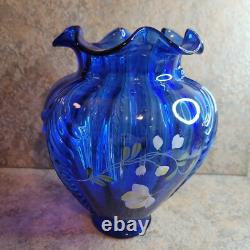 Fenton #401-Art Glass Cobalt Blue HAND PAINTED FEATHERVASE Signed
