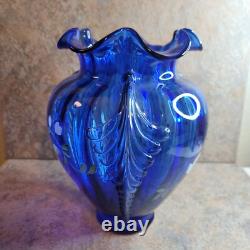 Fenton #401-Art Glass Cobalt Blue HAND PAINTED FEATHERVASE Signed