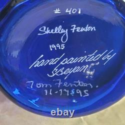 Fenton #401-Art Glass Cobalt Blue HAND PAINTED FEATHERVASE Signed