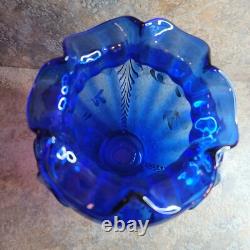 Fenton #401-Art Glass Cobalt Blue HAND PAINTED FEATHERVASE Signed