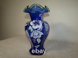 Fenton 75th Anniversary Cobalt Blue Vase with Green Crest, signed Bill Fenton