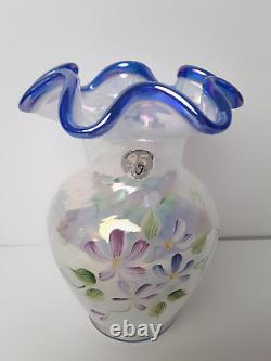 Fenton 95 Anniversary White Blue Opalescent Iridescent Glass Vase, J Cunningham