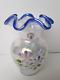 Fenton 95 Anniversary White Blue Opalescent Iridescent Glass Vase, J Cunningham