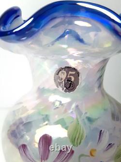 Fenton 95 Anniversary White Blue Opalescent Iridescent Glass Vase, J Cunningham