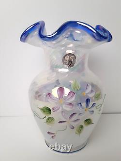 Fenton 95 Anniversary White Blue Opalescent Iridescent Glass Vase, J Cunningham