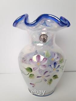 Fenton 95 Anniversary White Blue Opalescent Iridescent Glass Vase, J Cunningham