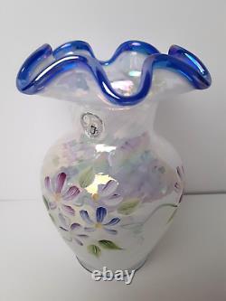 Fenton 95 Anniversary White Blue Opalescent Iridescent Glass Vase, J Cunningham