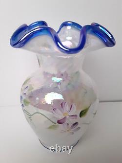 Fenton 95 Anniversary White Blue Opalescent Iridescent Glass Vase, J Cunningham