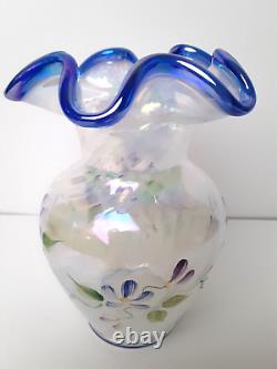 Fenton 95 Anniversary White Blue Opalescent Iridescent Glass Vase, J Cunningham