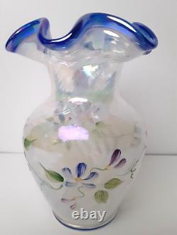 Fenton 95 Anniversary White Blue Opalescent Iridescent Glass Vase, J Cunningham