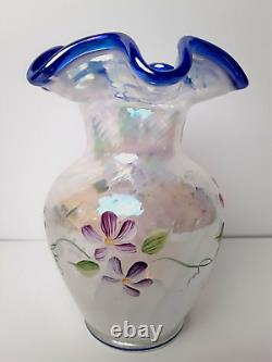 Fenton 95 Anniversary White Blue Opalescent Iridescent Glass Vase, J Cunningham