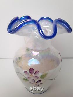 Fenton 95 Anniversary White Blue Opalescent Iridescent Glass Vase, J Cunningham