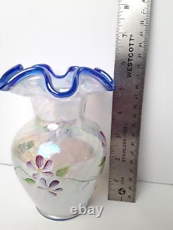 Fenton 95 Anniversary White Blue Opalescent Iridescent Glass Vase, J Cunningham