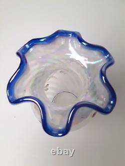 Fenton 95 Anniversary White Blue Opalescent Iridescent Glass Vase, J Cunningham