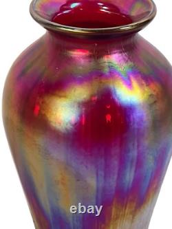 Fenton Amberina Optic Collection Ruby Blue Orange Iridescent Glass Vase signed