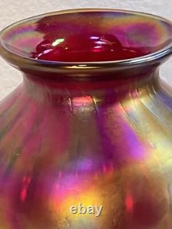 Fenton Amberina Optic Collection Ruby Blue Orange Iridescent Glass Vase signed