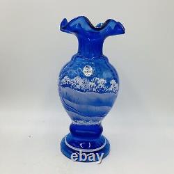 Fenton Art Glass 8.5 Cobalt Blue White Vase Hand Painted Winter Scene textured