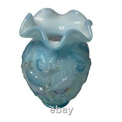 Fenton Art Glass Blue Cased Hand Painted Dragonfly Fan Vase 7