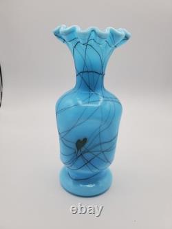 Fenton Art Glass Blue Hanging Hearts Pinch Vase by Robert Barber 1976