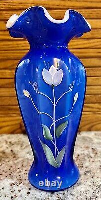 Fenton Art Glass COBALT BLUE OVERLAY VASE Hand Painted & Signed