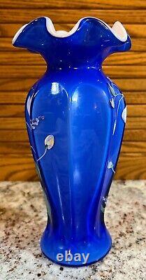 Fenton Art Glass COBALT BLUE OVERLAY VASE Hand Painted & Signed