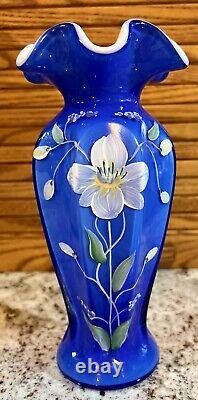 Fenton Art Glass COBALT BLUE OVERLAY VASE Hand Painted & Signed