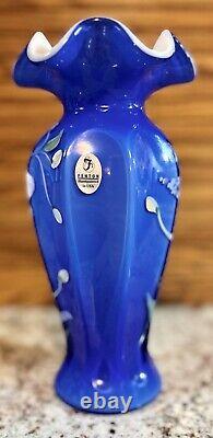 Fenton Art Glass COBALT BLUE OVERLAY VASE Hand Painted & Signed