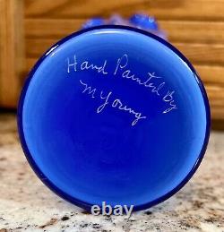 Fenton Art Glass COBALT BLUE OVERLAY VASE Hand Painted & Signed