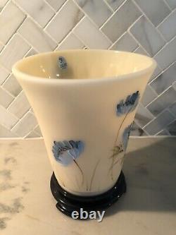 Fenton Art Glass Cameo Hand-painted Blue Floral Flip Vase with Glass Base