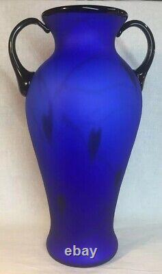 Fenton Art Glass Dave Fetty Hanging Hearts On Cobalt Satin Vase LIMITED EDITION