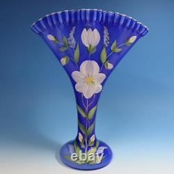 Fenton Art Glass Hand Painted Flowers Cobalt Blue Overlay Fan Vase 13 inches