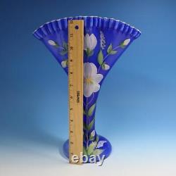 Fenton Art Glass Hand Painted Flowers Cobalt Blue Overlay Fan Vase 13 inches