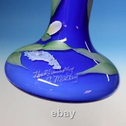 Fenton Art Glass Hand Painted Flowers Cobalt Blue Overlay Fan Vase 13 inches