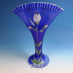 Fenton Art Glass Hand Painted Flowers Cobalt Blue Overlay Fan Vase 13 inches