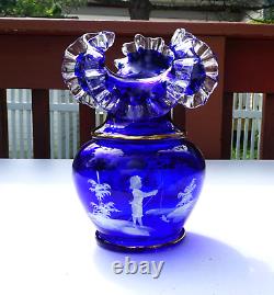 Fenton Art Glass Mary Gregory Cobalt Blue Vase Ruffle 10 Gold Band Hand Painted